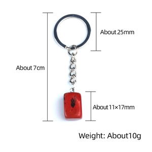 Red natural crystal stone rectangle keychain with 11x17mm pendant and dimensions guide