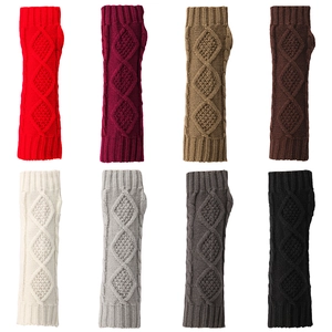 Detailed grid view of cable knit fingerless gloves in eight various winter colors
