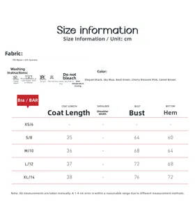 Guide des tailles pour brassière de sport incluant tissus et dimensions détaillées