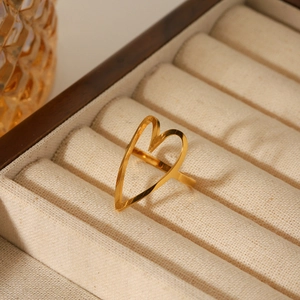 Polished 18K gold-plated stainless steel ring with a minimalist hollow heart shape