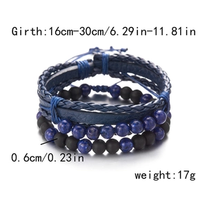 Detailed size chart for blue leather braided bracelet and beads set with dimensions