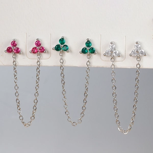 Luxe zircon flower earring sets with chain tassel in magenta, emerald and white colors