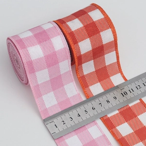Pink and orange checkered Christmas wired ribbon with 6.3cm width for gift wrapping