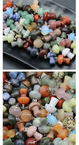 Macro view of assorted mini mushroom pendants crafted from colorful natural crystal stones