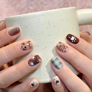 Square Press On Nails Cartoon Cat Puppy Plaid Gradient Short Fake Nails Cute Sweet Style Daily DIY Manicure Decoration