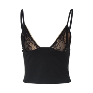 Vue détaillée du caraco noir pour femme avec dentelle délicate et décolleté en V profond