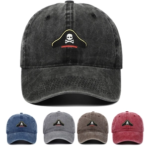 Pirate Skull Embroidered Washed Cotton Baseball Cap Vintage Distressed Outdoor Casual Sun Hat For Men Women