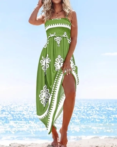 Detail of green summer maxi dress with white boho print and elastic tube top design