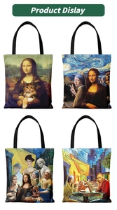Detail view of four funny canvas tote bags featuring parody world famous art prints