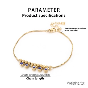 Detail view of gold titanium evil eye anklet with lobster clasp and sizing specs