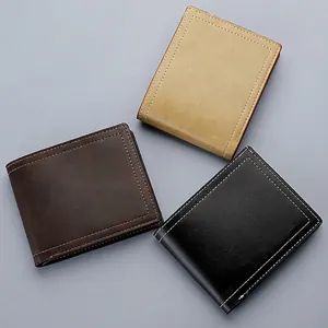 Men's minimalist short bifold wallets in khaki, coffee, and black matte leather finish