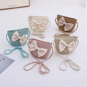 Kids woven straw crossbody bags set with polka dot bows in five assorted summer colors