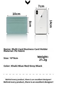Detailed view of high-capacity PU leather card holder dimensions and vibrant color options