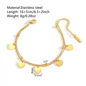 Double-layered stainless steel heart bracelet in gold finish with five pendants