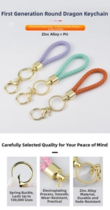 Macro detail of purple, mint, and orange braided leather keychains with zinc alloy buckles