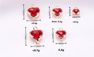 Detailed size and weight chart for red crystal heart pendants and connectors for jewelry making