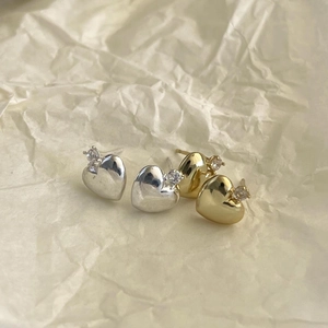 Minimalist S925 sterling silver heart stud earrings with sparkling round zircon accents
