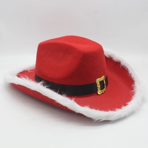 Detail of red Christmas cowboy hat featuring white faux fur trim and gold buckle accent