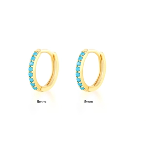 Elegant 9mm gold-plated hoop earrings featuring inlaid turquoise blue zircon stones