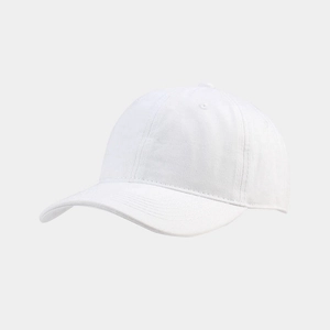 Close-up of white cotton baseball cap showing side ventilation eyelets and fine stitching