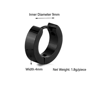 Polished black titanium steel hoop earring 9mm inner diameter 4mm width for men women
