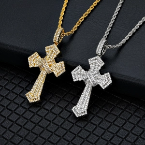 Iced Out Cross Pendant Necklace Copper AAA Cubic Zirconia Hip Hop Jewelry Streetwear For Men Women Rope Chain Accessory
