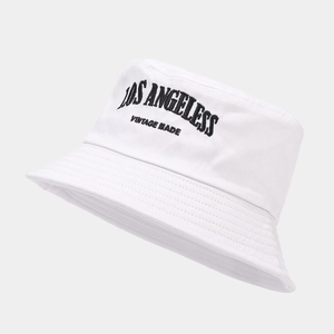White canvas bucket hat with black Los Angeles embroidery for outdoor sun protection