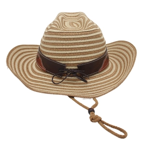 Detail of striped straw cowboy hat featuring brown leather band and adjustable chin cord