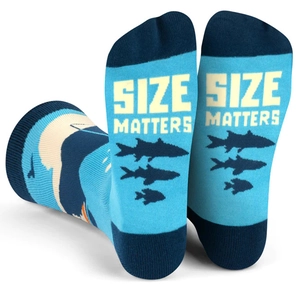 Detail of blue cotton crew socks featuring ship patterns and 'SIZE MATTERS' printed on the sole
