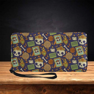 Long purple PU leather wallet with Day of the Dead sugar skull and floral prints