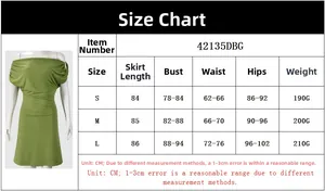 Size chart for green off-shoulder slim fit dress including length, bust, waist, and hip info