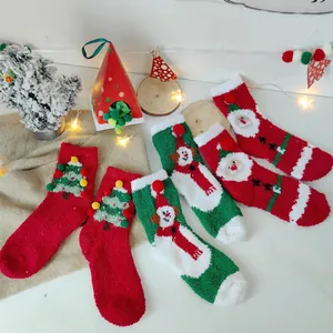 Chaussettes De Noël Polaire Corail Chaud Hiver Maison Dessin Animé Père Noël Bonhomme De Neige Peluche Femmes