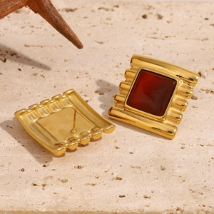 Retro style 18K gold plated stainless steel square earrings with red ruby gemstones