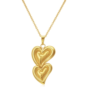 Detailed close-up of double heart pendants on a gold plated stainless steel chain