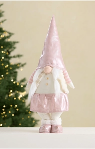 Pink telescopic Christmas gnome plush with glowing lights and braided pigtails for decor