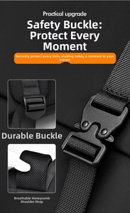 Detail of high-strength metal safety buckle and breathable honeycomb mesh shoulder strap