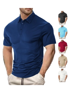 Detail view of cotton polo shirt available in navy, black, blue, burgundy and khaki
