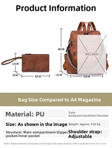 Detailed size chart for brown vintage PU leather backpack with matching clutch bag set