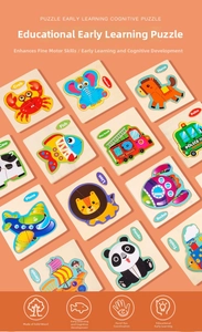 Detailed close-up of wooden puzzle pieces showcasing vibrant animal and vehicle graphics