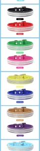 Detailed close-up of sparkling rhinestone pet collars in nine vibrant colors