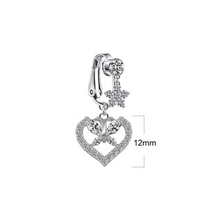 Detail of silver navel ring clip with heart pendant and zirconia butterfly 12mm size