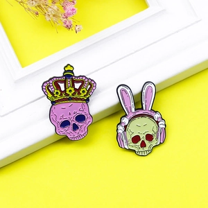 Enamel pins set with crown pink skull and bunny ear headphone green skull badges