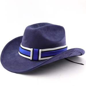 Klassischer dunkelblauer Wildleder-Westernhut mit Zierband und verstellbarem Kinnriemen