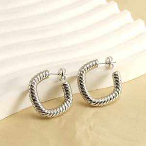 Silver twisted rope hoop earrings in 18K stainless steel with polished finish for women