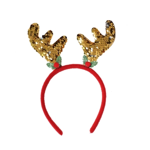 Detail von festlichem Rentier-Haarreif mit goldenen Pailletten-Geweihen und Beeren