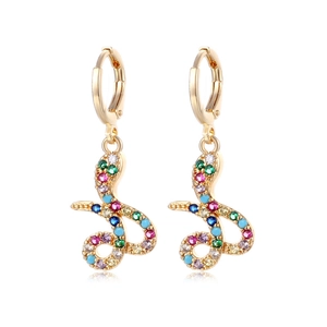 Golden snake hoop earrings with multi-color zircon stones on white background