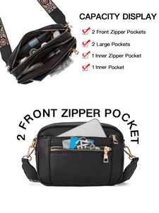 Crossbody bag capacity display showing internal storage with ethnic pattern strap
