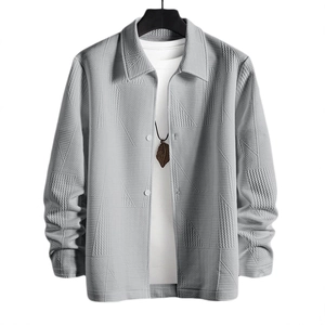 Men's grey single-breasted jacket with geometric texture and classic lapel collar