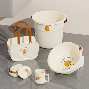 5-piece cartoon bathroom set with bucket, basin, and basket in creamy white plastic