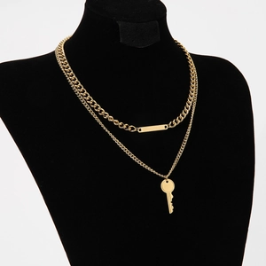 Double Layer Stainless Steel Necklace Key Pendant Square Plate Gold Plated Curb Twist Chain Retro Trendy Jewelry